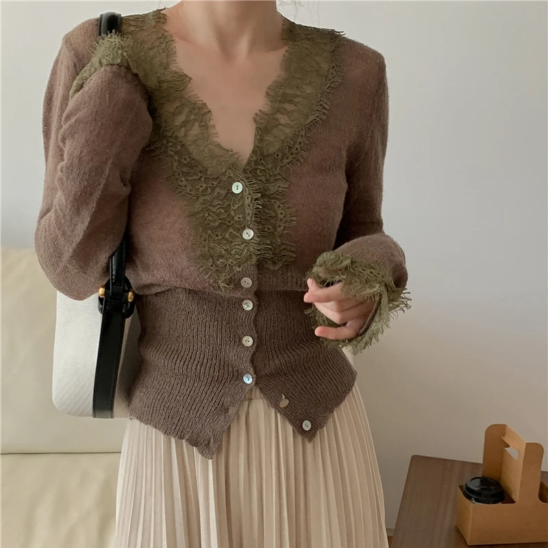 Black Lace Women Sweater Korean Elegant Knitted Slim Female Casual Cardigan Autumn Retro Patchwork V Neck Ladies Crop Tops