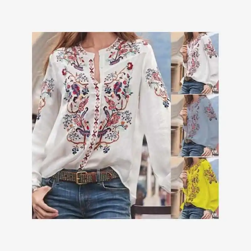 夏プリント長袖レディースシャツ綿ロパムヘール花柄プリントラウンドネックライン薄い生地快適なフィット感カジュアルシャツ