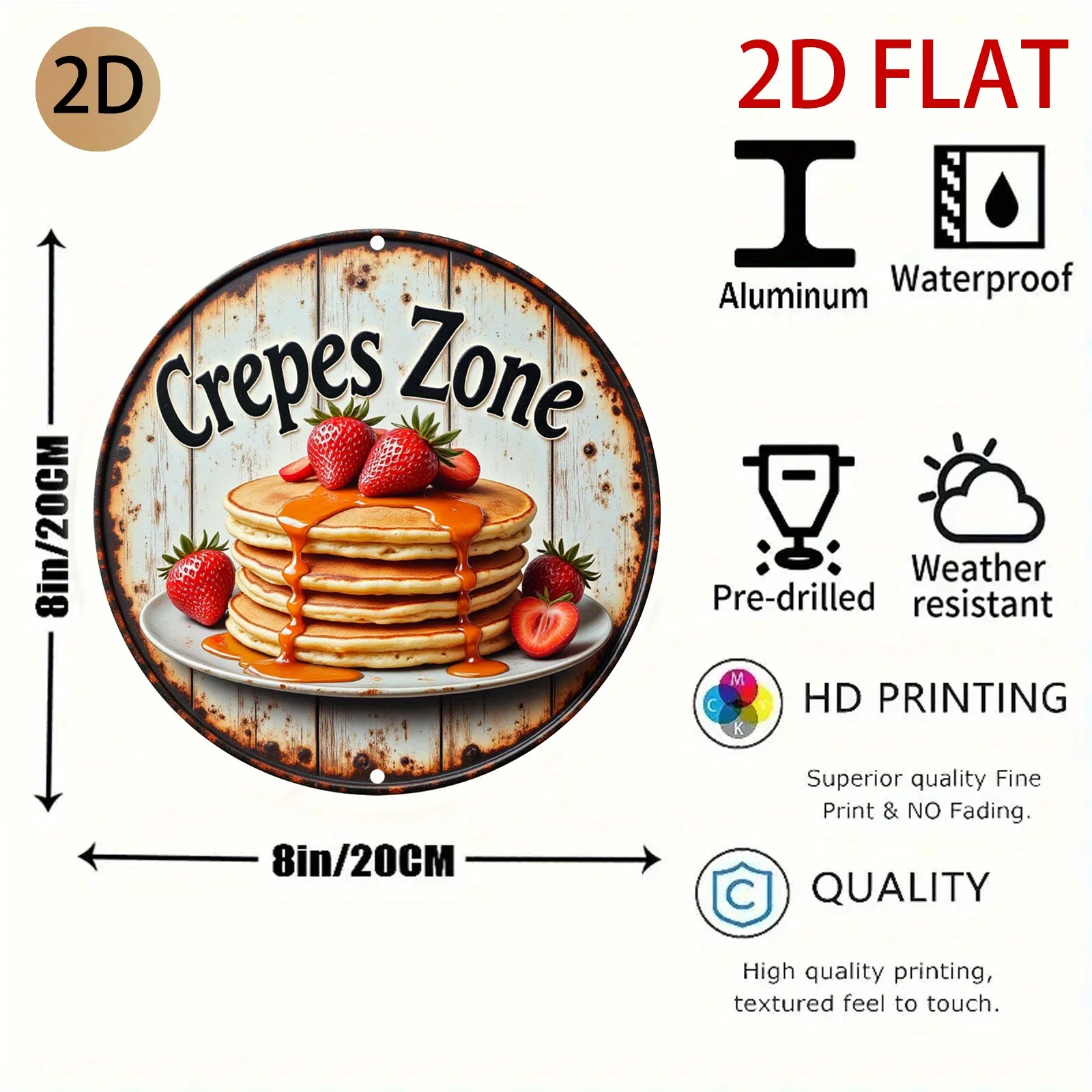 2D Flat - A Round Metal Sign with a Vintage, Rusty Look Featuring a Crepe Theme, Perfect for Decorating Kitchens, Diners, Or Des