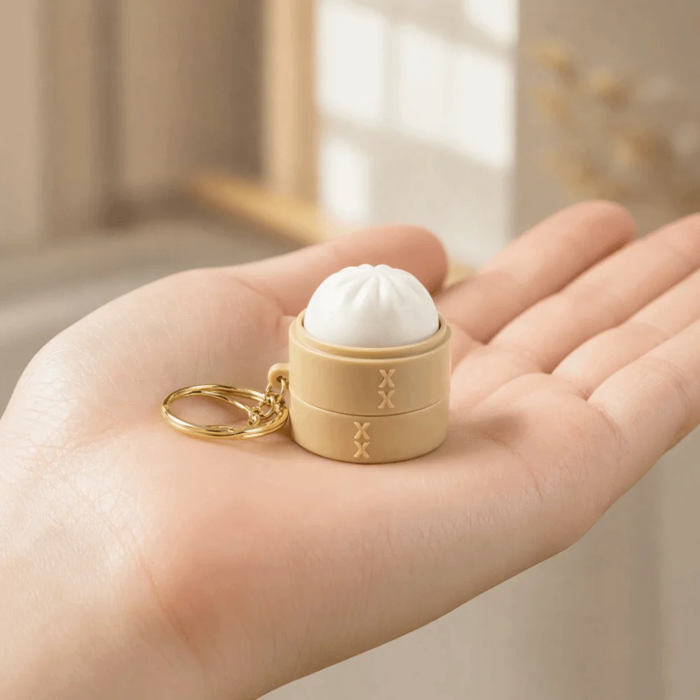 Soft Simulation Dumpling Keyboard Keychain Crisp Click Sound Weave Pattern Steam Bun Pendant Portable Design