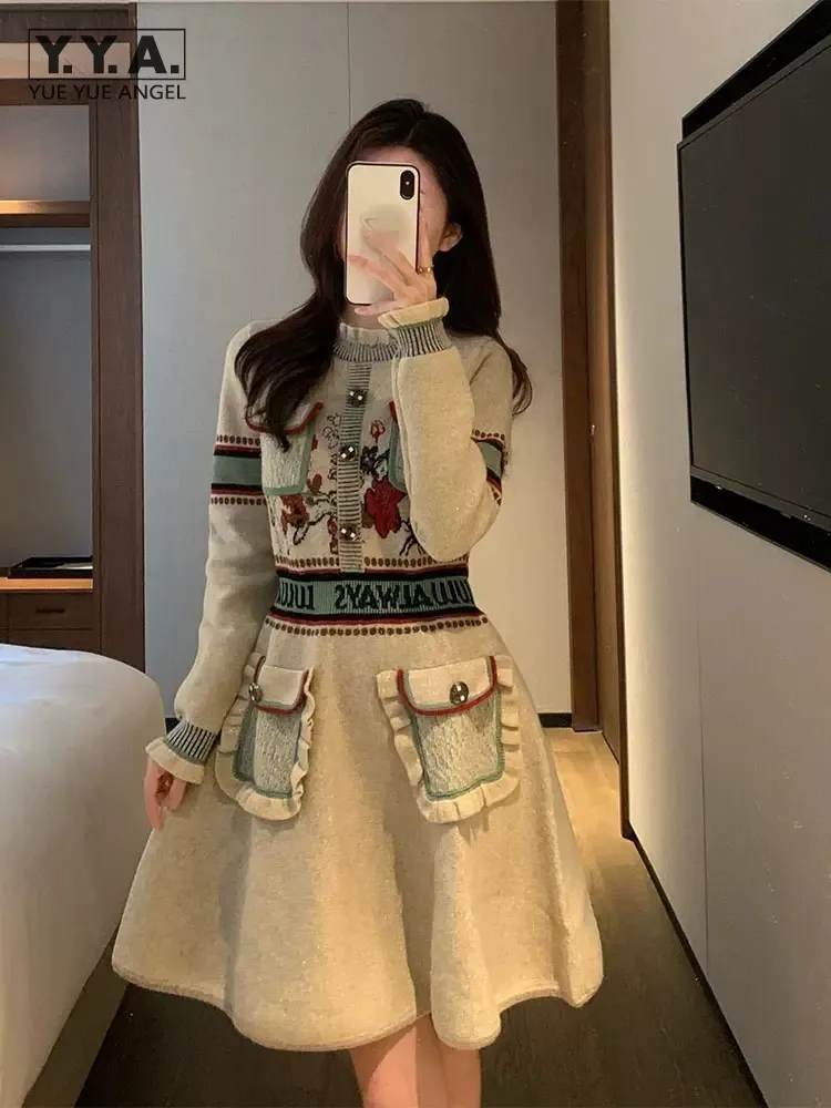 

Autumn Winter Women Dress Vintage Stand Collar Splicing Long Sleeve A-Line Knitted Dress High Waist Office Ladies Short Dresses