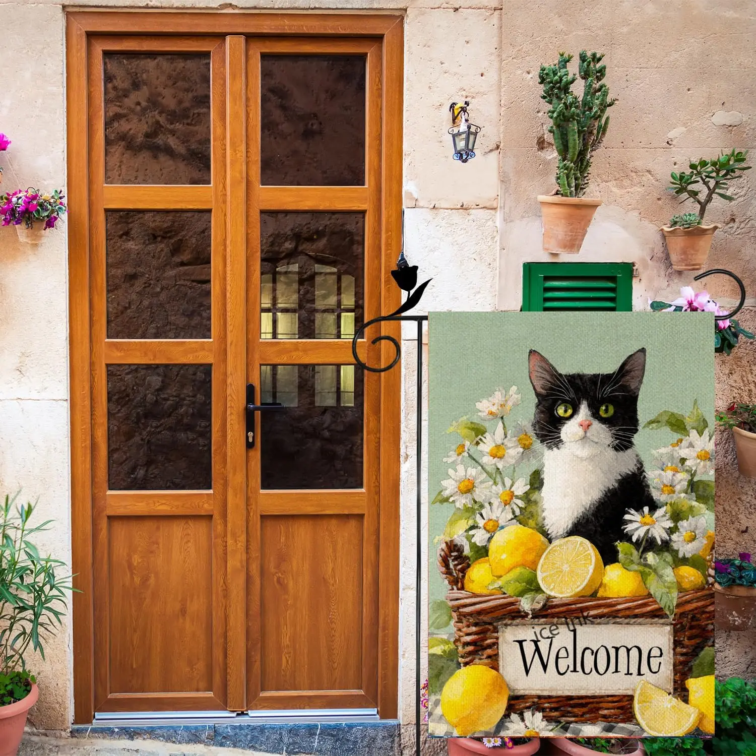 Ice ink Tuxedo Cat Garden Flag 12x18 Inch Double Sided Basket of Lemons and Daisies Welcome Yard Flag Rustic Linen Burlap Su ZZM