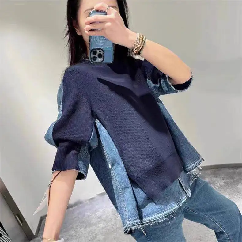 SAC 25 Short Sleeve Knitwear Fashion Denim Splicing Pullover Sweater