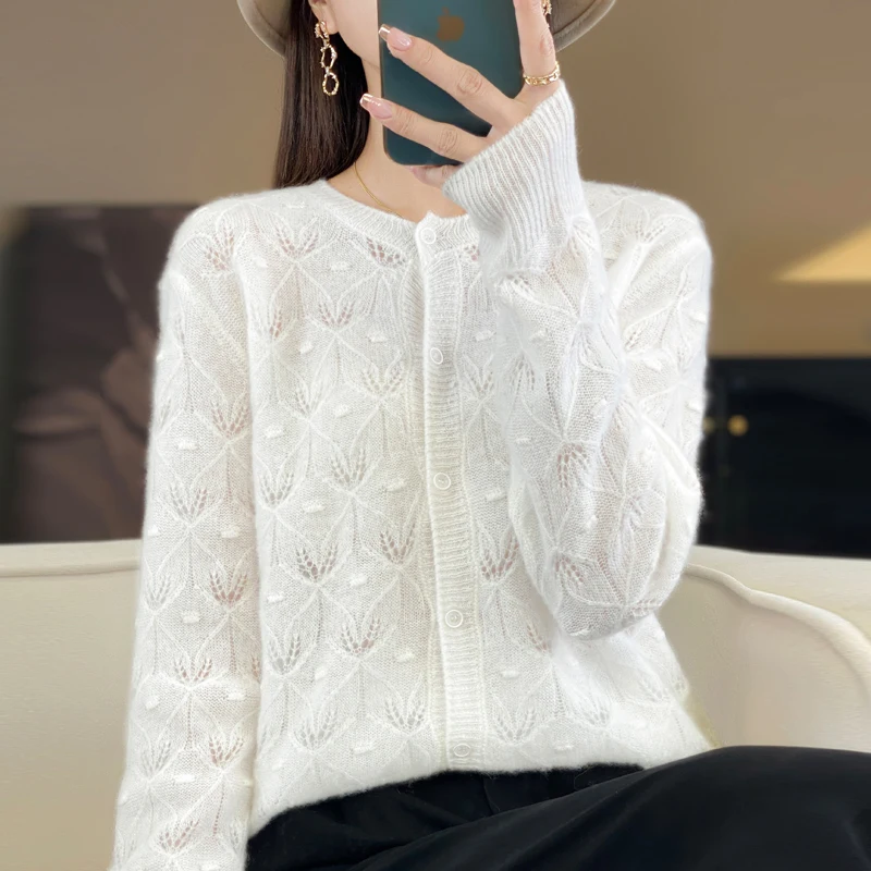 2024 Spring/autumn new crewneck women\'s sweater cardigan hollow-out knitted cardigan fashion Korean version of women\'s top