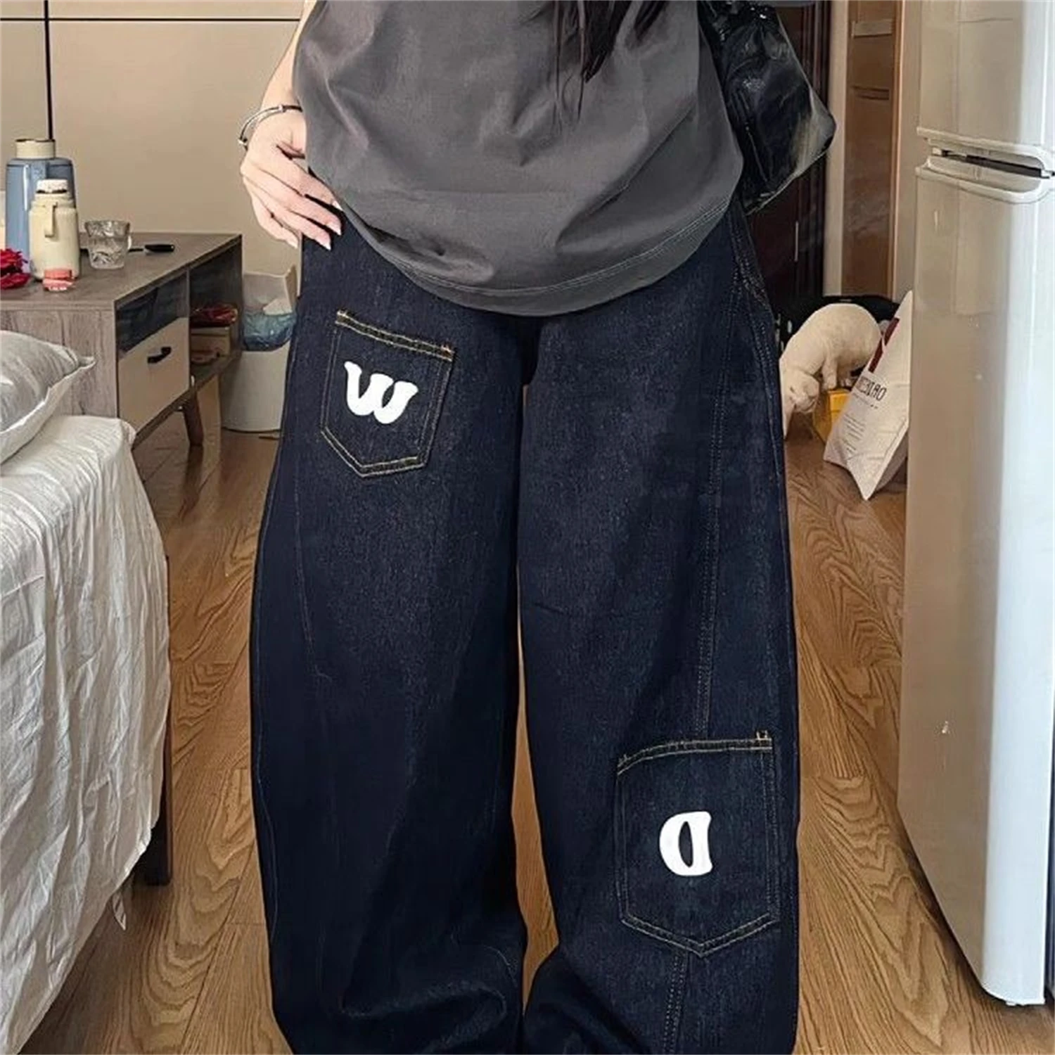 

Women's High Waist Wide Leg Dark Blue Jeans Pocket Letter Print Vintage Y2K Streetwear Loose Denim Trousers