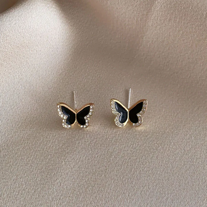 Cute Small Butterfly Stud Earrings for Women Fashion Black Enamel Oil Crystal Wings Side Insect Earrings Elegant Jewelry Gift