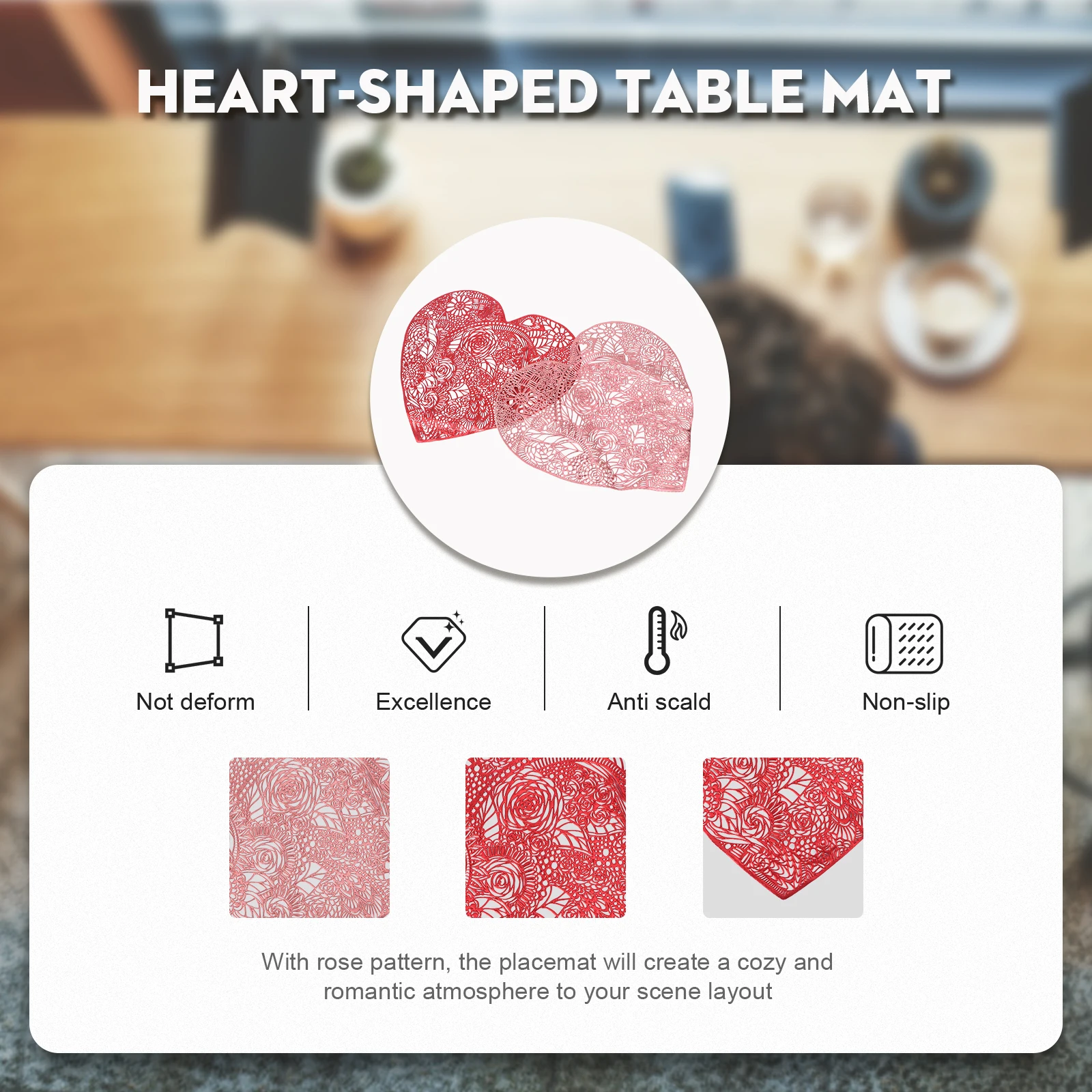 

2pcs Heart Household Placemat PVC Table Mat Decorative Romantic Wedding Dish Table Mat Easy Clean Household Bar