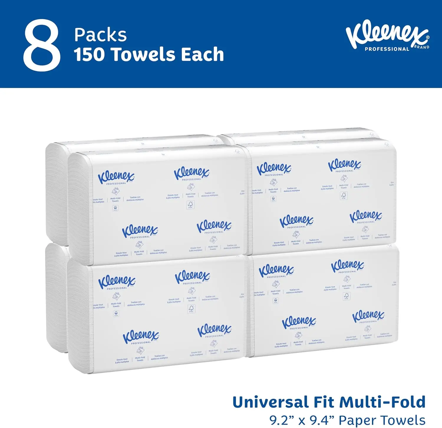 Professional Multifold Paper Towels, Bulk 150 Sheets/Pack, 8 Packs/Case, High Absorbency, White (9.2" x 9.4") view 2