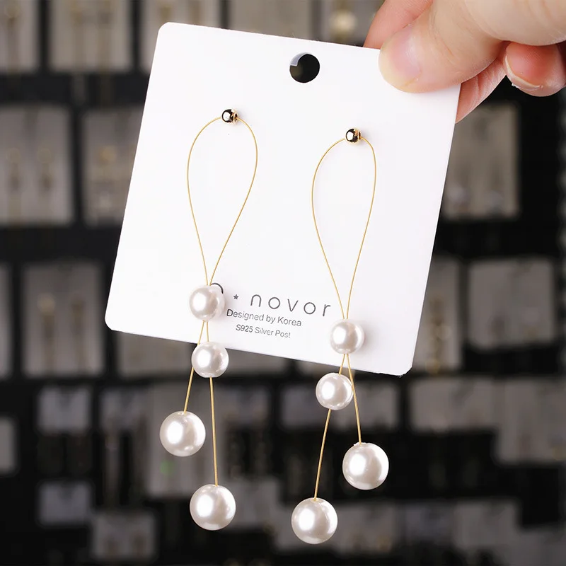 Fashion Pearl Long Earrings for Women Cross Connection Metal Water-Drop Shape Drop Dangle Earrings Statement Jewelry Gift