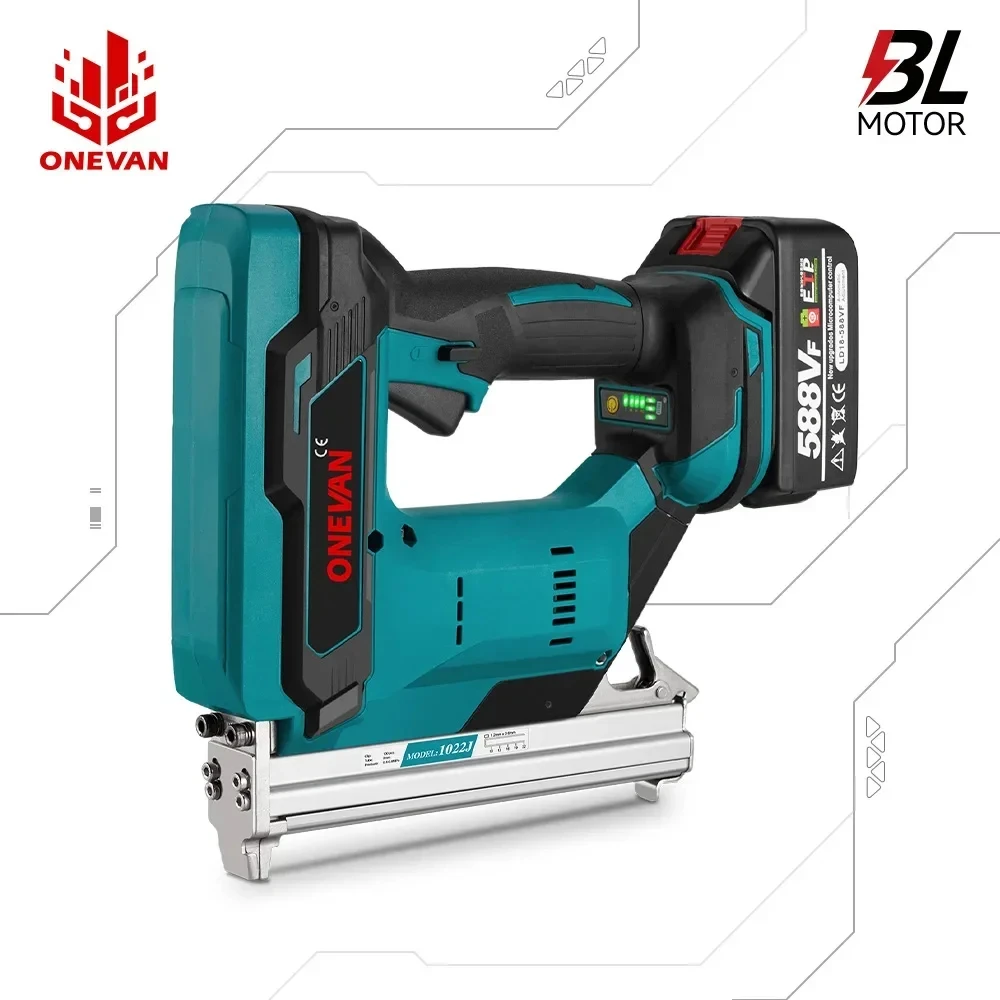 ONEVAN 1022J 2Gears Brushless Cordless Electric Nailer Stapler Furniture Staple Gun Woodworking Tools For Makita 18v Battery