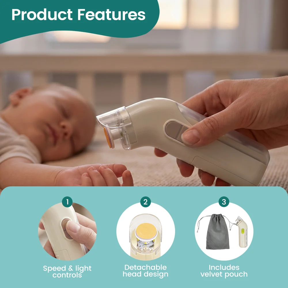 Premium Electric Baby Nail Trimmer with LED Light, 5-in-1 Nail File for Newborn Toddler Kids, Adjustable Speed and Brightness, P
