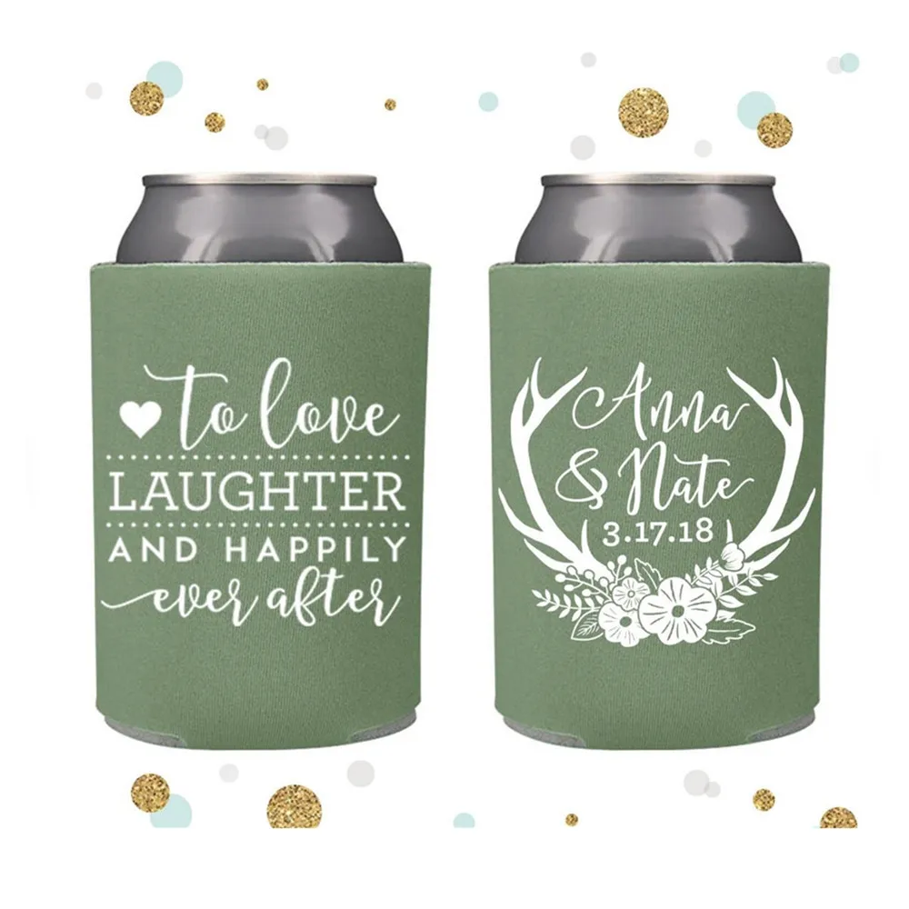 

To Love Laughter and Happily Ever After - Antlers - Wedding Can Cooler #104R - Custom - Wedding Favors, Beverage Insulators, Bee