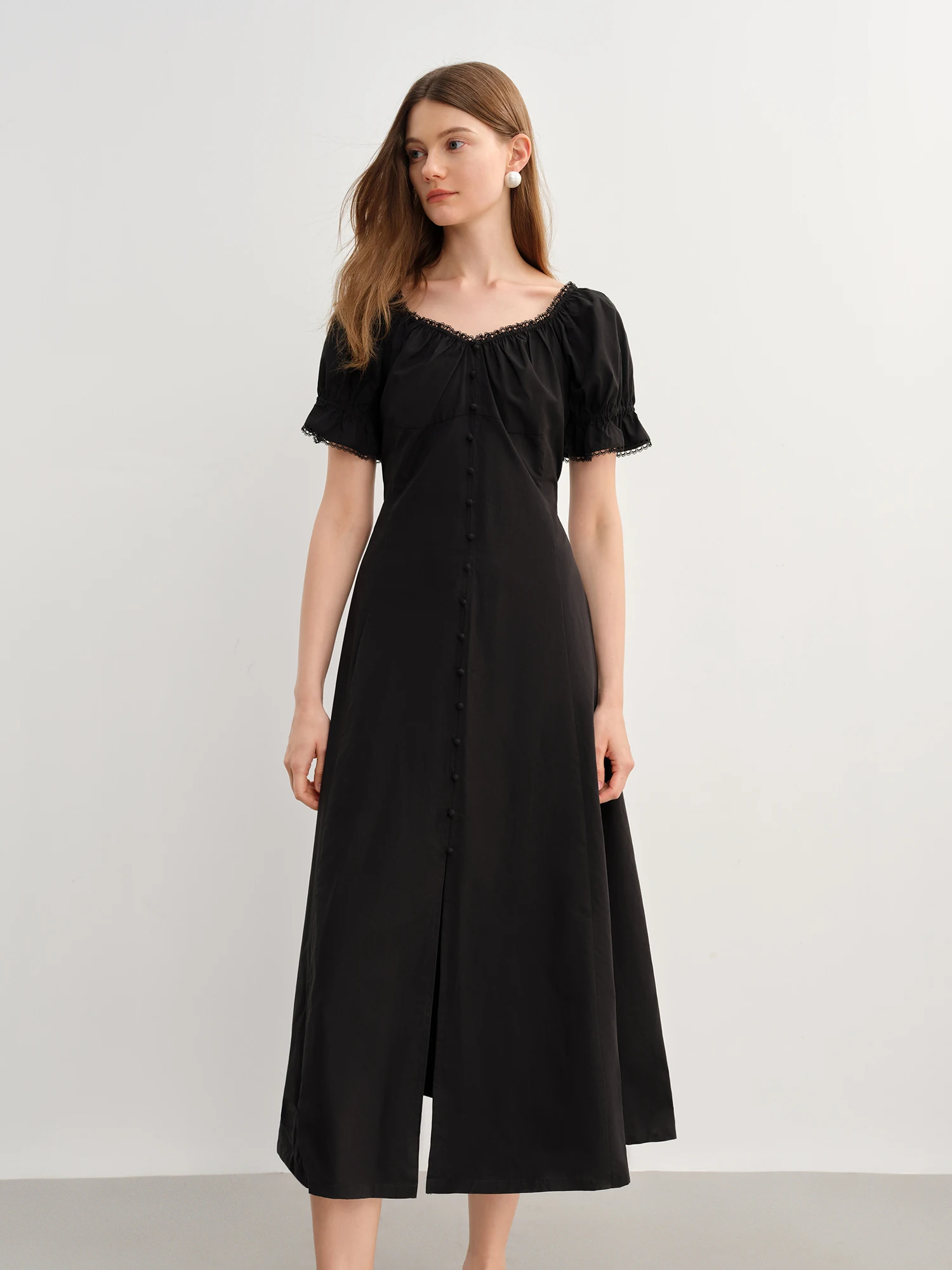 DUSHU grande taille femmes Style français élégant col en dentelle manches bouffantes robe 2025 été nouveau tempérament longue robe 25DS82829