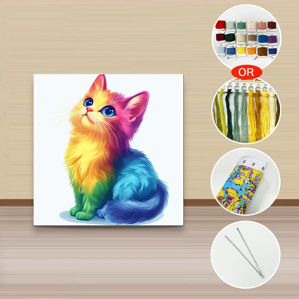 1 Stück 30x30 cm/11,8 Zoll, 11Ct/14Ct Kreuzstich-Set, DIY Valentinstagsgeschenk, Stickerei-Set für Festlichkeiten, Regenbogenkatze – Detail 3
