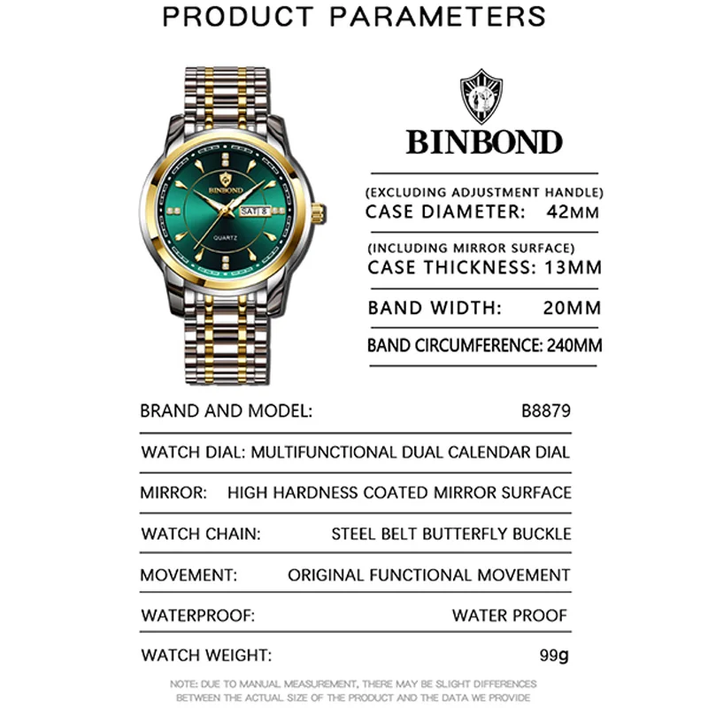 BINBOND новые роскошные деловые мужские кварцевые часы модные водонепроницаемые многофункциональные мужские часы из нержавеющей стали Relogio Masculino