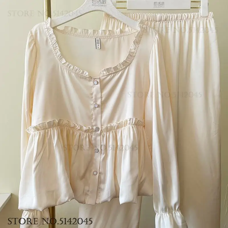

Light Luxury French Ice Silk Pajamas Set Elegant Flower Bud Sleepwear Loungewear Loose Casual New Women Homewear Pijamas Suit