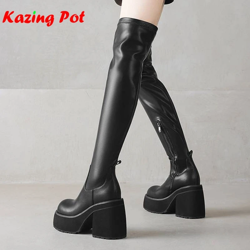 Krazing Pot Cow Split Skin Thick High Heels Round Toe Stretch Long Boots Elegant Modern Platform Ins Elastic Over-the-knee Boots