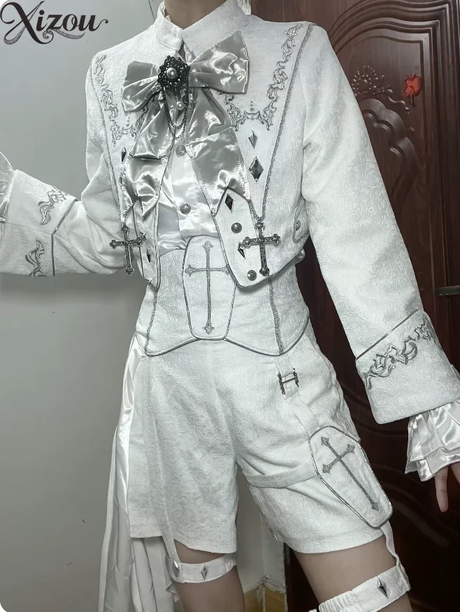 Women White Gothic Ouji Lolita Set Cropped Jacket Blouse Corset Irregular Short Pants Suit Vintage Court Neutral Outfit Spring