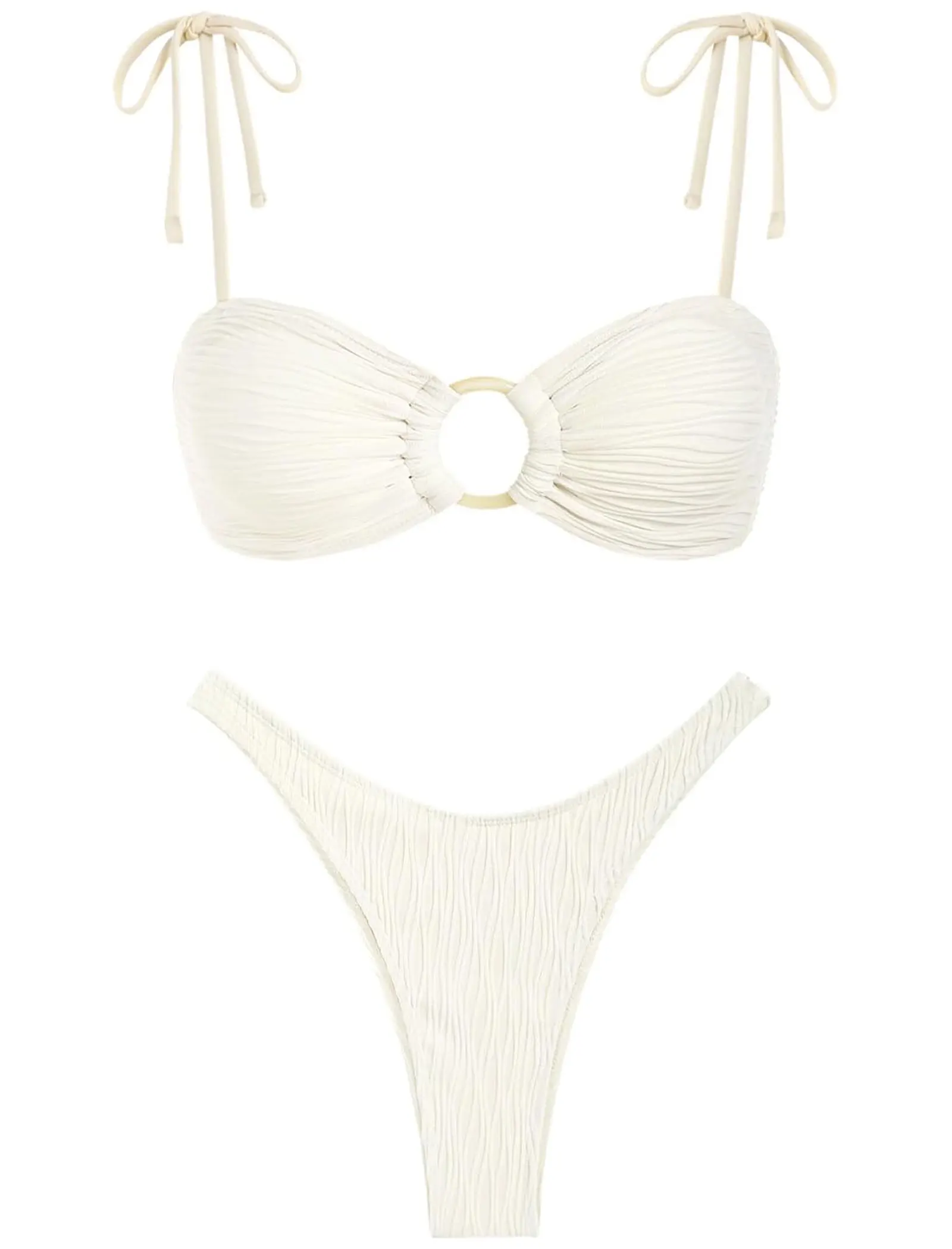 Women's Sexy Tie Spaghetti Strap Bikini Textured O Ring Ruched High Leg Swimsuit Cheeky Bathing Suits Two Piece Bathing Suits