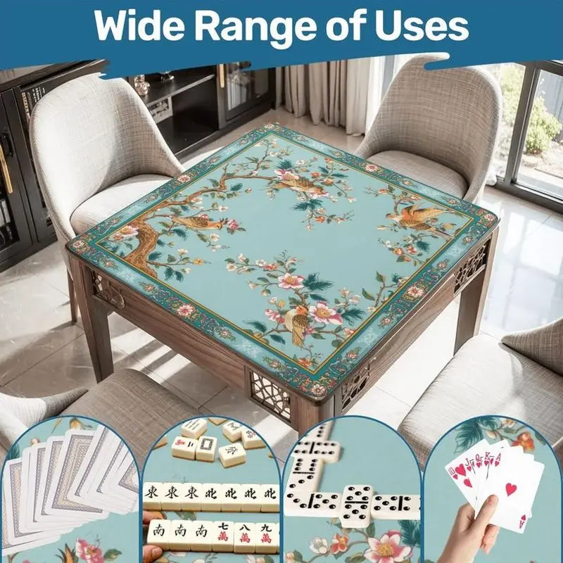VIKAMA Teal Bird Floral American Mahjong Mat Non Slip Silent Rubber Foldable Waterproof Alfombra Home Party Game Night Pad