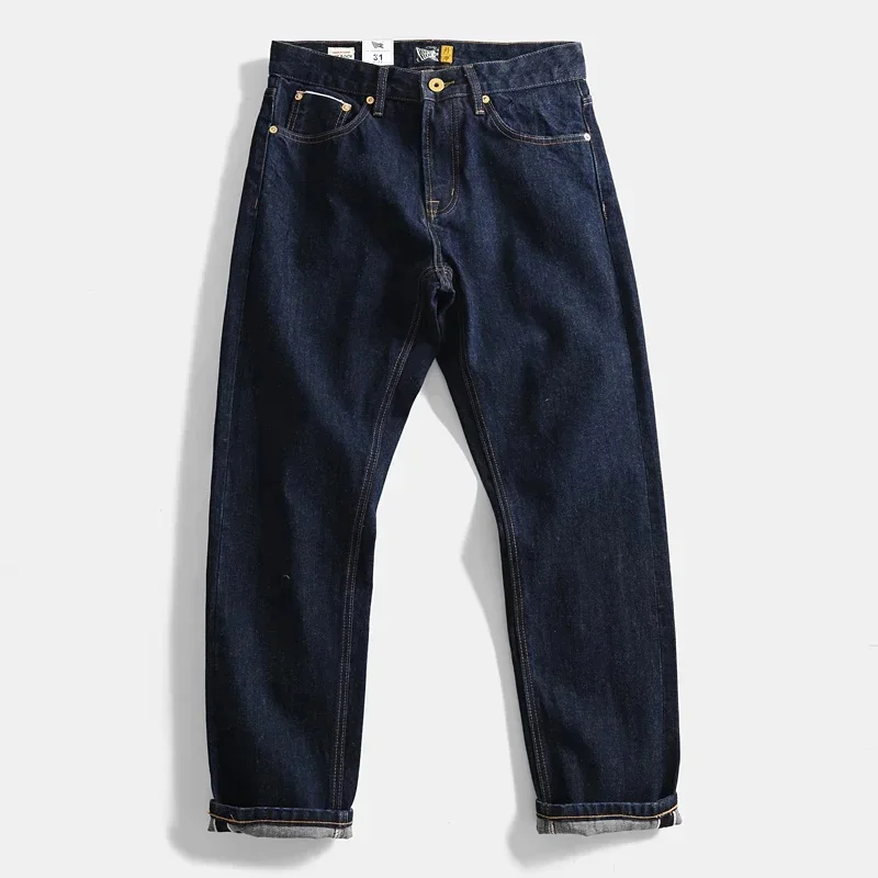 

heavy red tannin chunky retro cotton straight leg loose jeans men's casual long Japanese pants dark blue