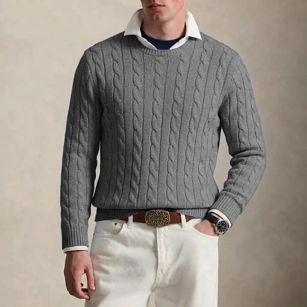 Herren-Pullover im Vintage-Stil mit Zopfmuster, Rundhalsausschnitt, Herbst, Langarm, Strickoberteil, lässig, Business, warm, Winterpullover, Kleidung – Detail 6