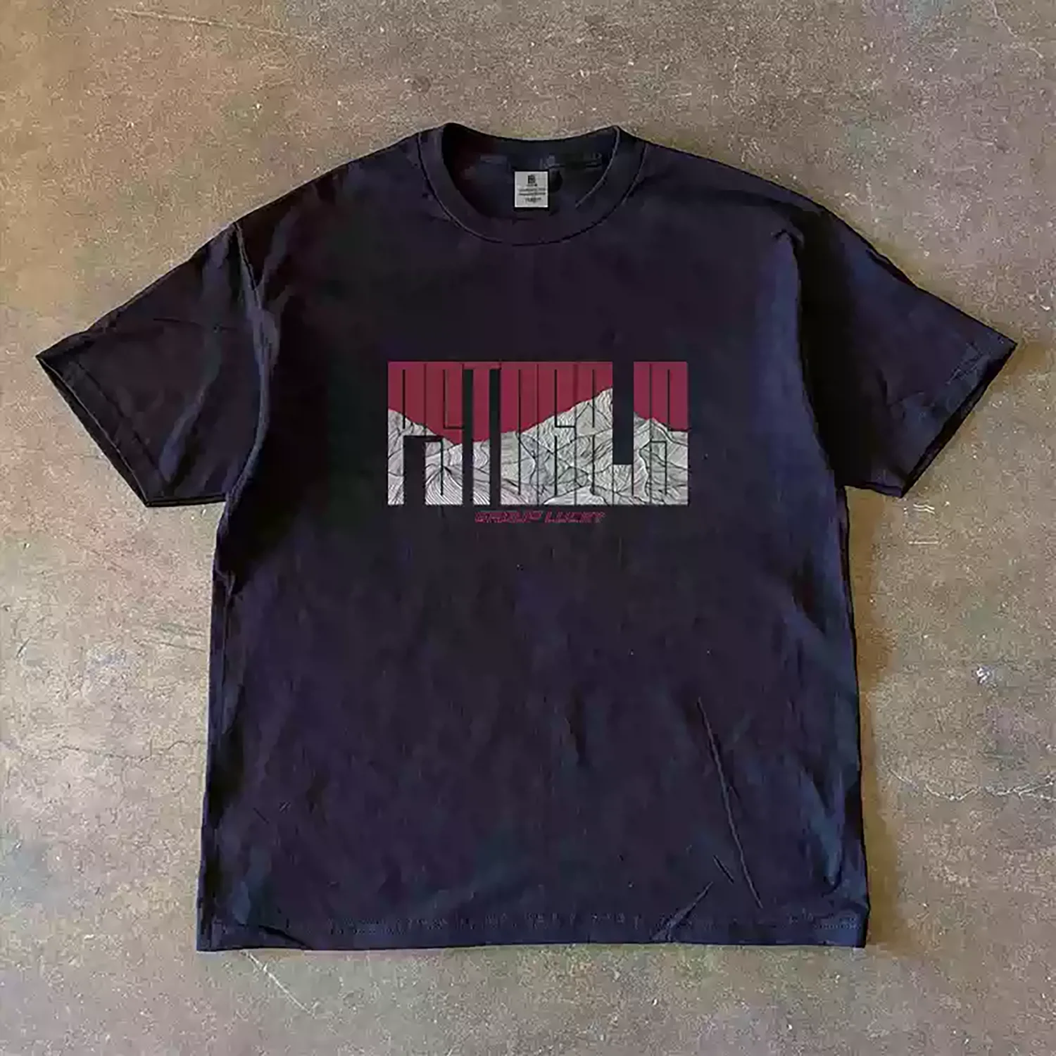 Men's Vintage Two Tone Mountain Texture Typography Graphic T-Shirt, Abstract Geometric Letter with Mountain Line Art Print Crew Neck Loose Outdoor Streetwear Washed Cotton Short Sleeve Tee.