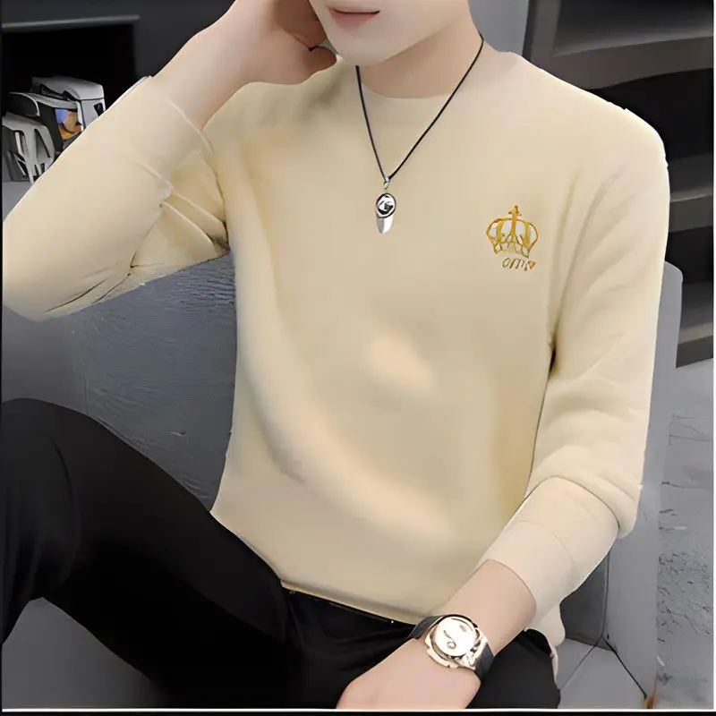 2023 Autumn and Winter New Casual Versatile Commuter Men's Clothing Fashion Printed Round Neck Long Sleeve Solid Color Sweater