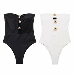 Tangada 2024 Women Strapless Beading Bodysuit for Female Body Suit Shirt Woman Playsuit 3H0570