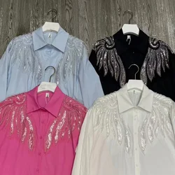 Vonkende Lovertjes Kralen Stitch Katoenen Overhemden En Blouses Voor Dames Lente Zomer Wit Zwart Losse Casual Tops Blusas Vrouw