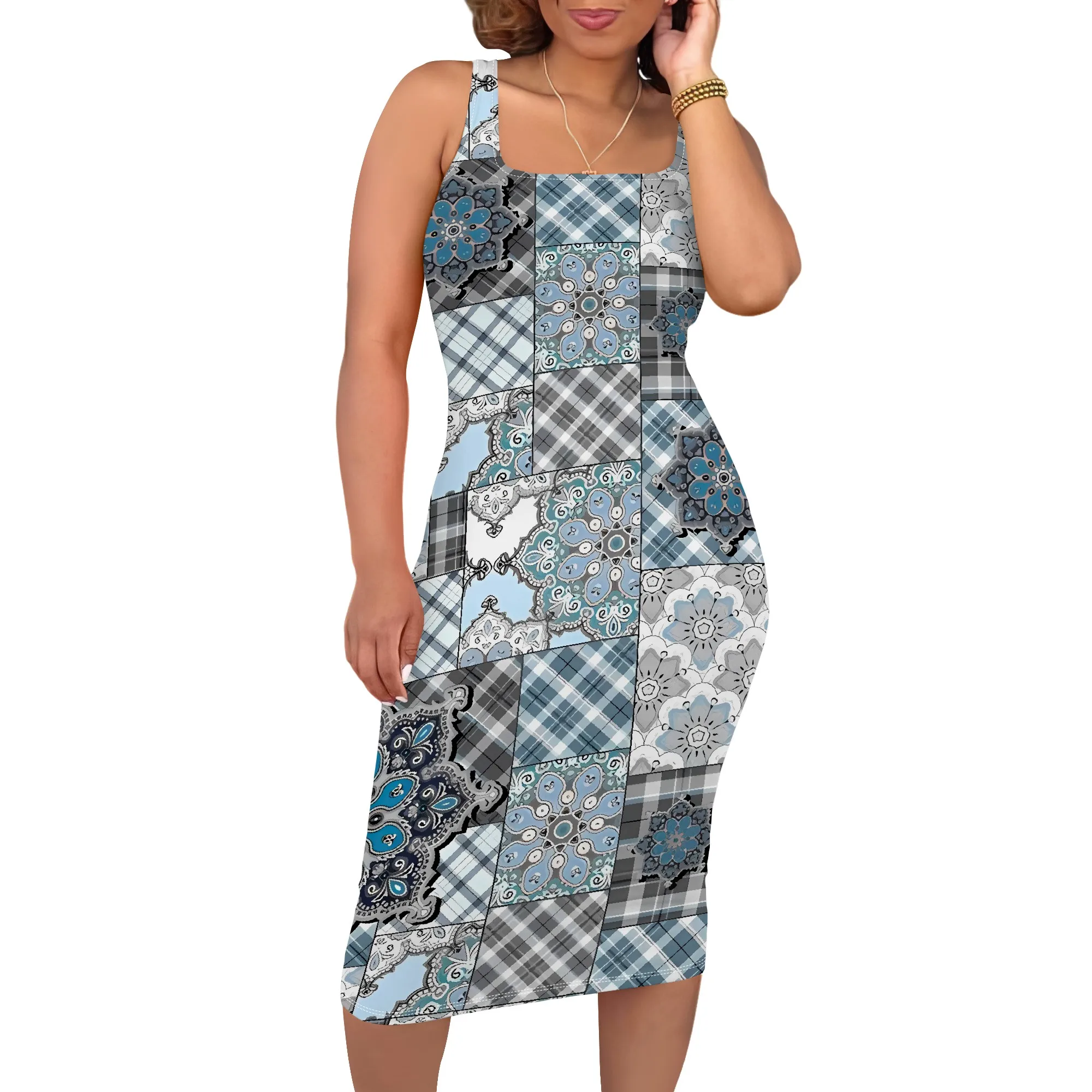 EQQZD ボヘミアンノースリーブラウンドネックドレス、パッチワークパターンプリントサスペンダーミディドレス、標準サイズドレス