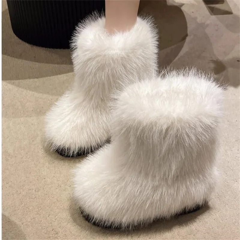 Winter Fuzzy Boots Women Furry Shoes Fluffy Fur Snow Boots Plush lining Slip-on Rubber Flat Outdoor Bowtie Warm Ladies Footwear