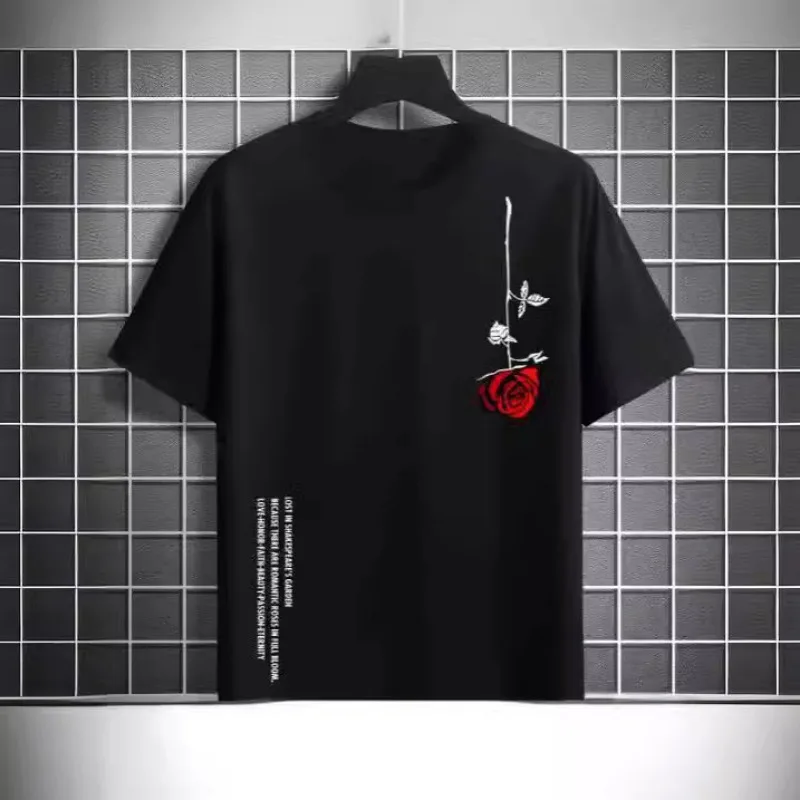 تي شيرت رجالي صيفي فضفاض مقاس 100% قطن مطبوع عليه وردة كاجوال بقصة ضيقة ورقبة دائرية وأكمام قصيرة #4