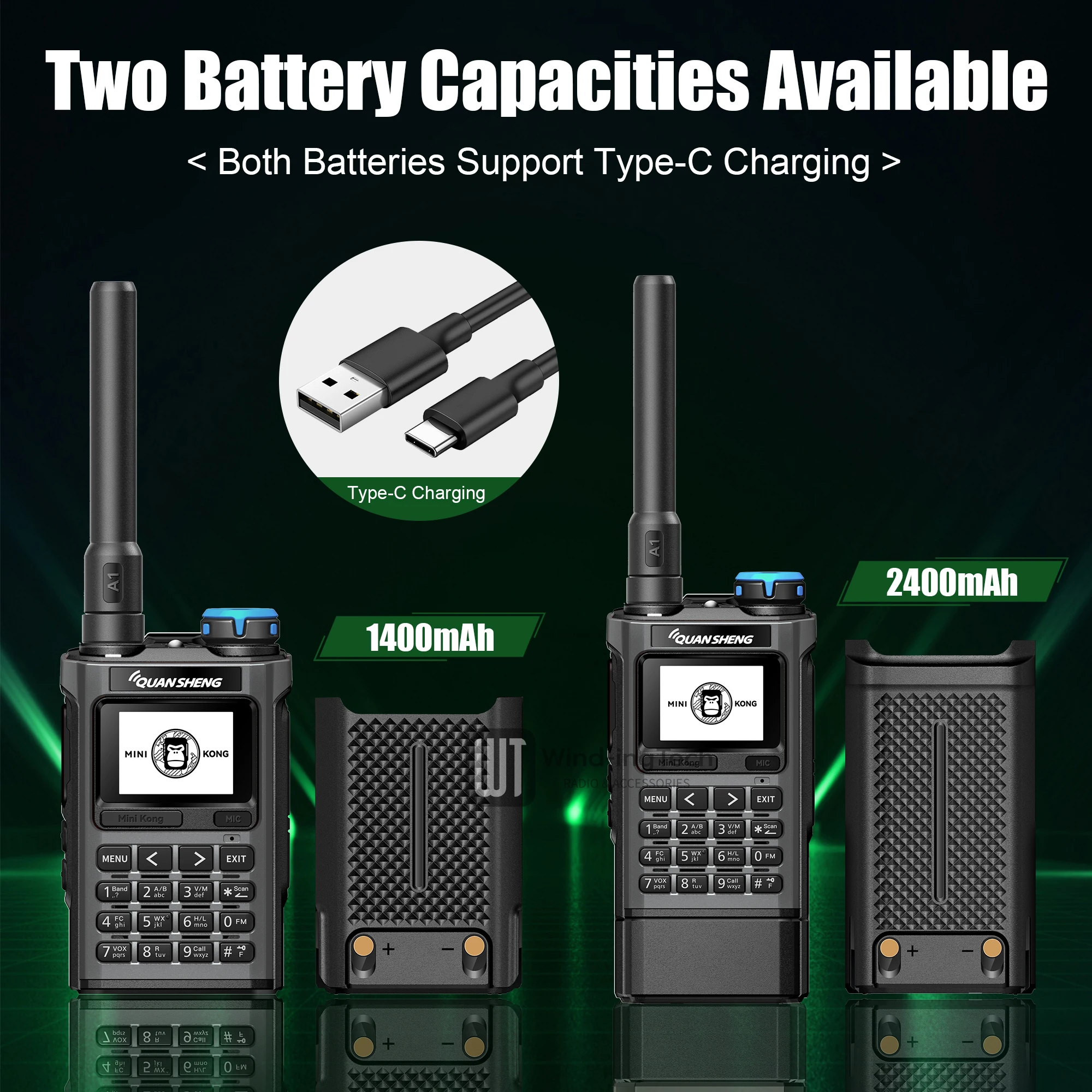 Quansheng UV-K1 Walkie Talkie Mini Kong 2MB Memory 1400/2500mAh AM/FM VHF/UHF Multi-Band Type-C Program NOAA Ham Two Way Radio