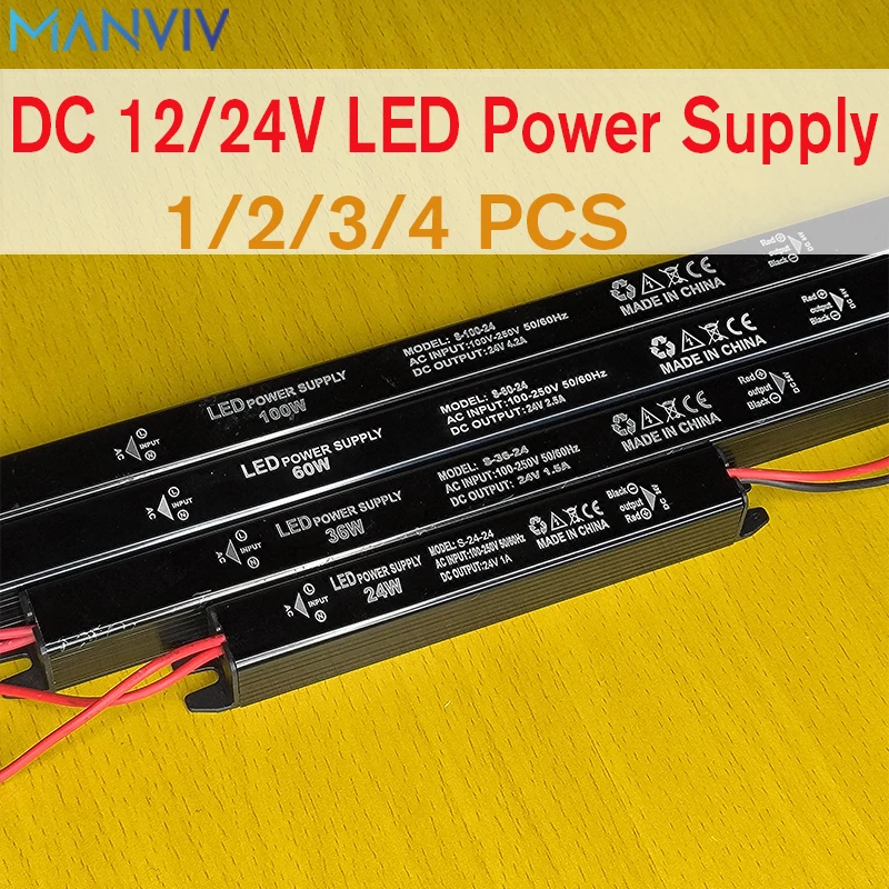 MANVIV LED Thin Power Supply Lighting DC24V 12V 1/2/3/4 PCS Transformer For LED Light Driver Adapter 24W 36W 60W 100W AC120-240V