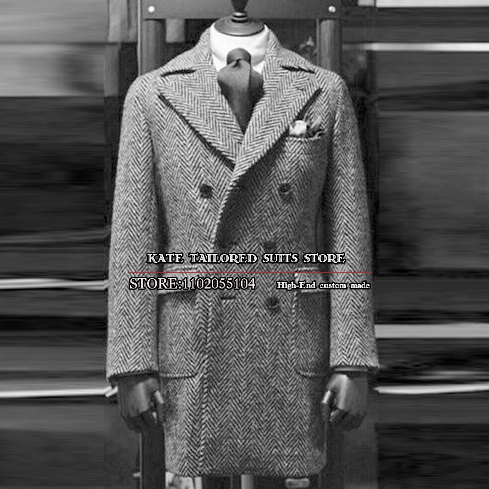 

Autumn/Winter Tweed Wool Overcoat Grey Herringbone Groom Men Suit Jackets Double Breasted Trench Coat Long Business Clothing