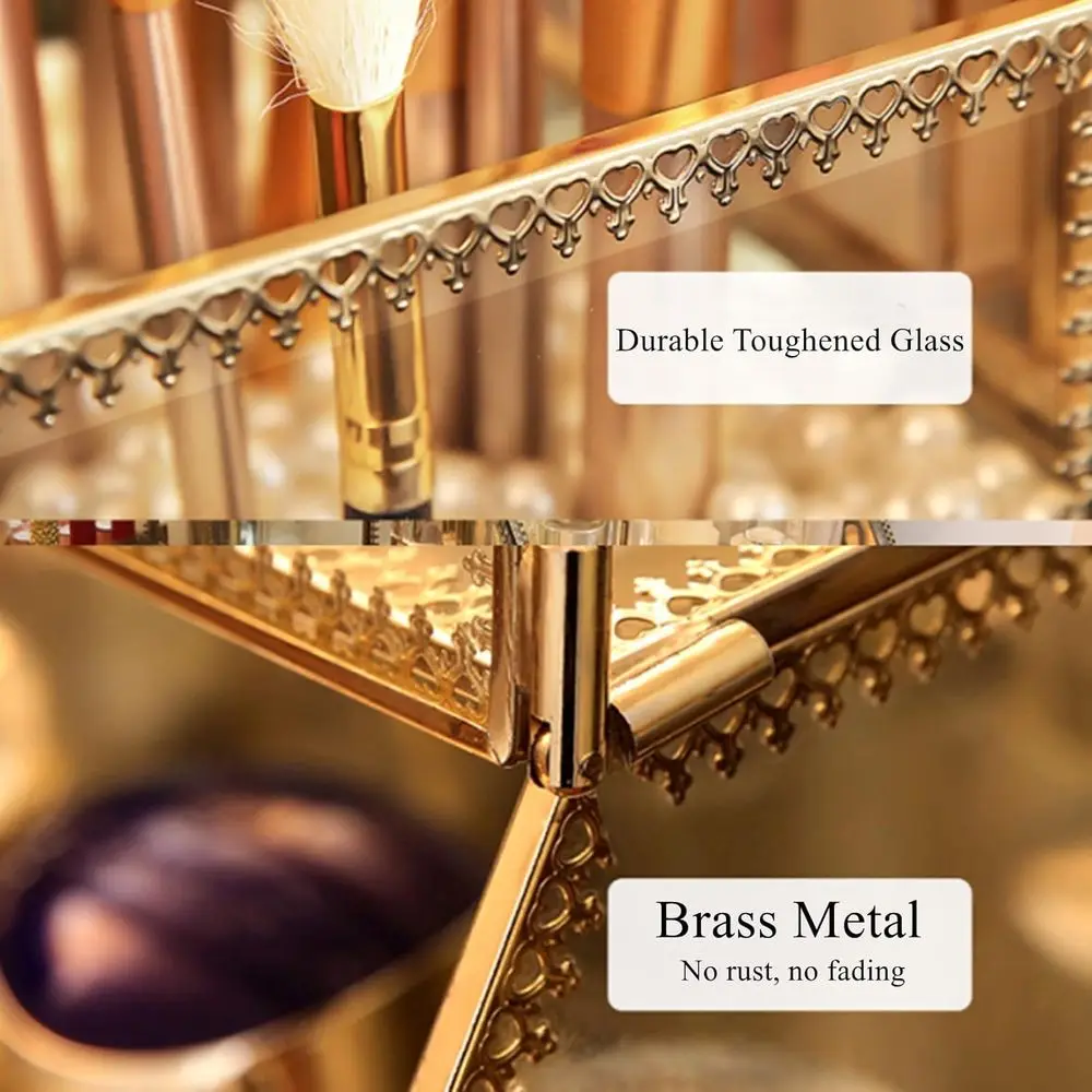 كبير 360 °   منظم مكياج زجاجي دوار مع لمسات ذهبية لعرض مستحضرات التجميل والفرش والعطور