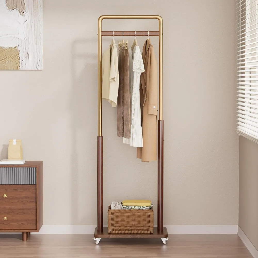 

Clothes Rack Solid Wood Coat Rack, Metal and Solid Wood Combination Clothing Rack with Wheels for Entryway, Bedroom, Living Room
