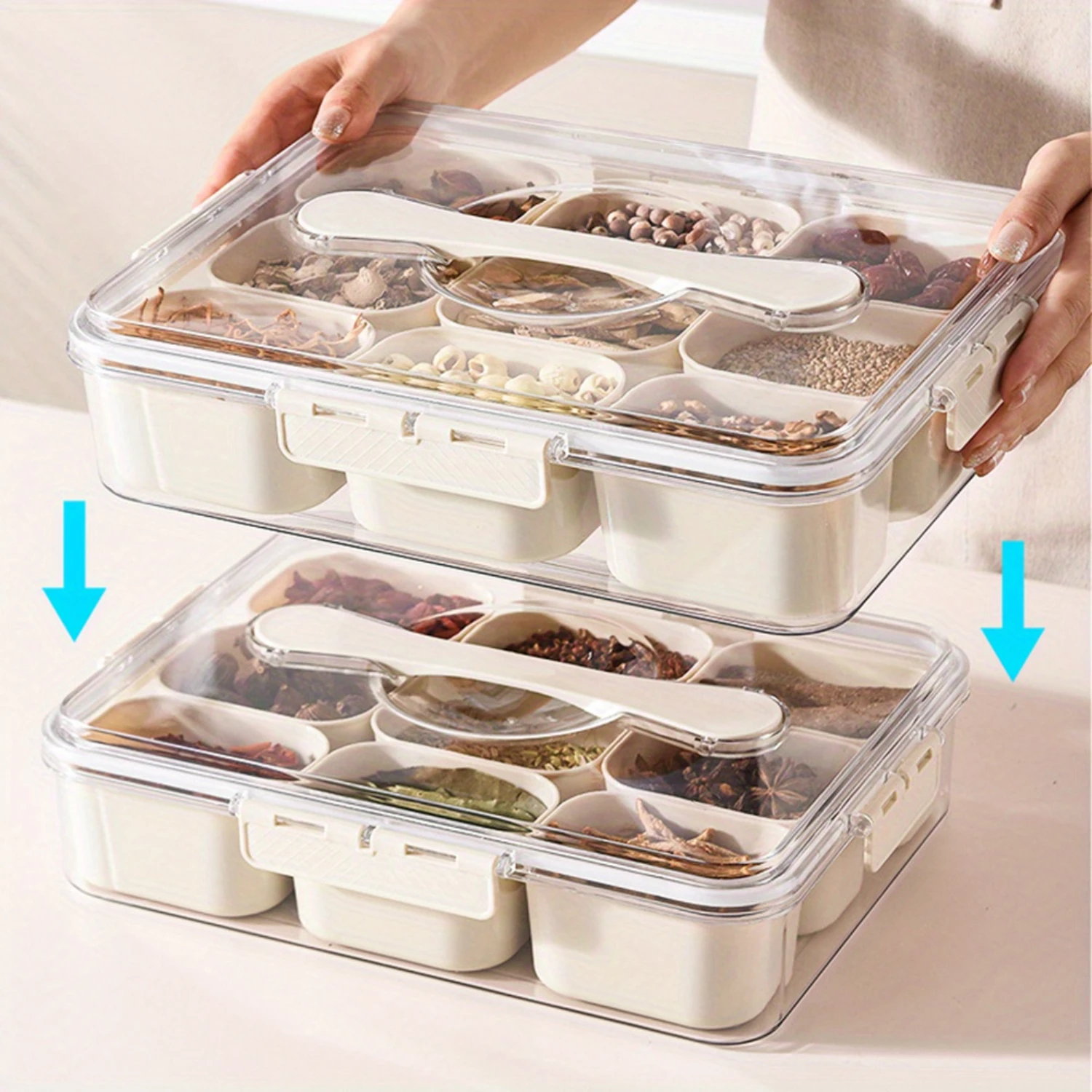 1pc, Airtight Nesting Snack Box Container With Lid & Handle, 9 Compartment Food-Grade Divided Serving Tray, Suitable For ,  And 