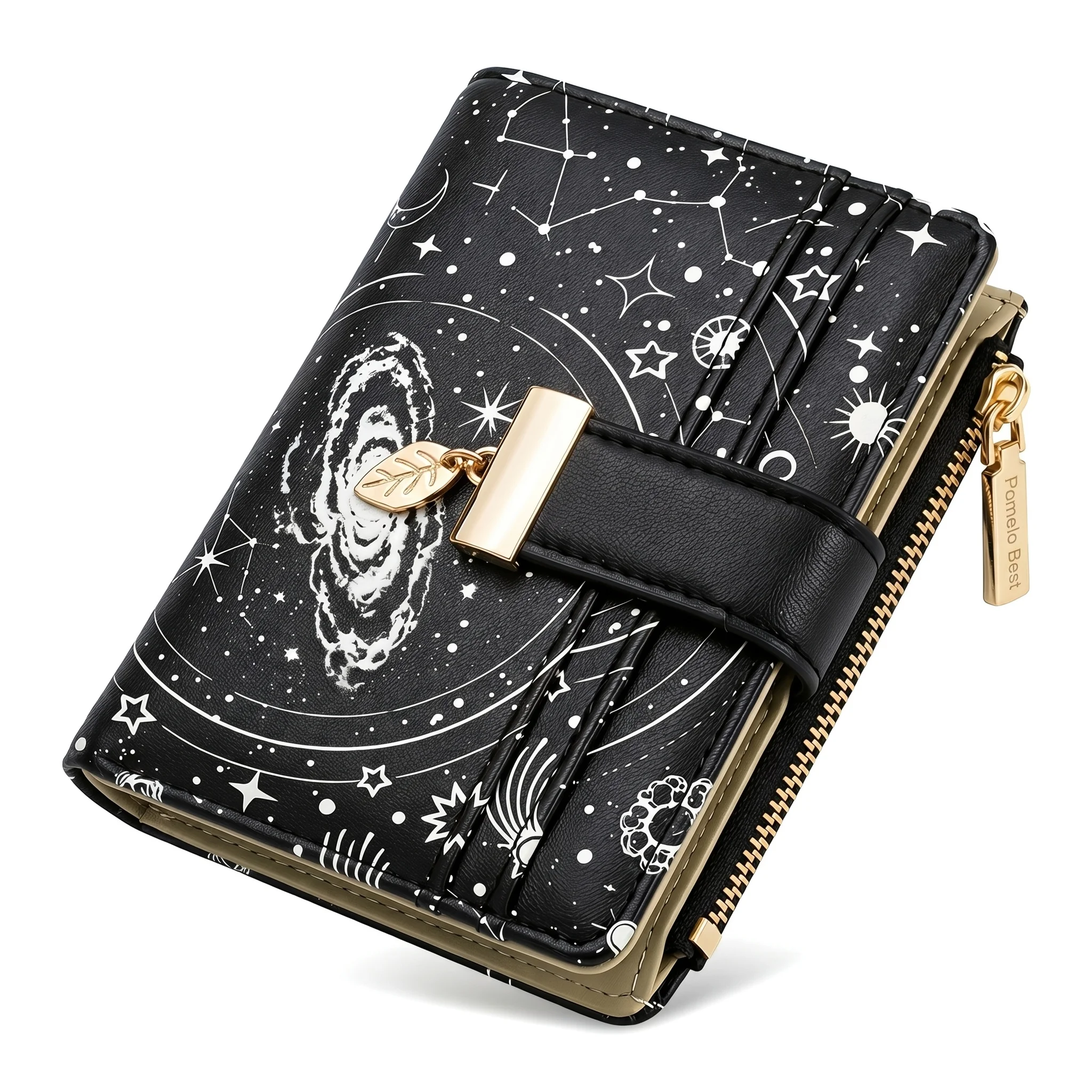 Pomelo Best Women Short PU Wallet Galaxy Star Print RFID Blocking 7 Card Slots ID Photo Window Leaf Metal Buckle Small Purse