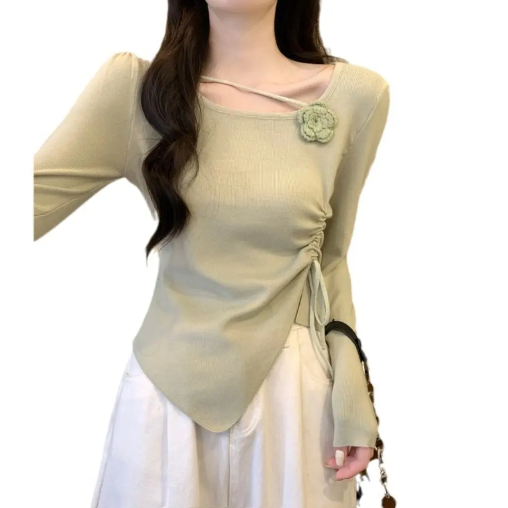 

Red French Three-Dimensional Flower Square Collar Long Sleeve T-Shirt Women's Spring Design Irregular Drawstring Waist Top