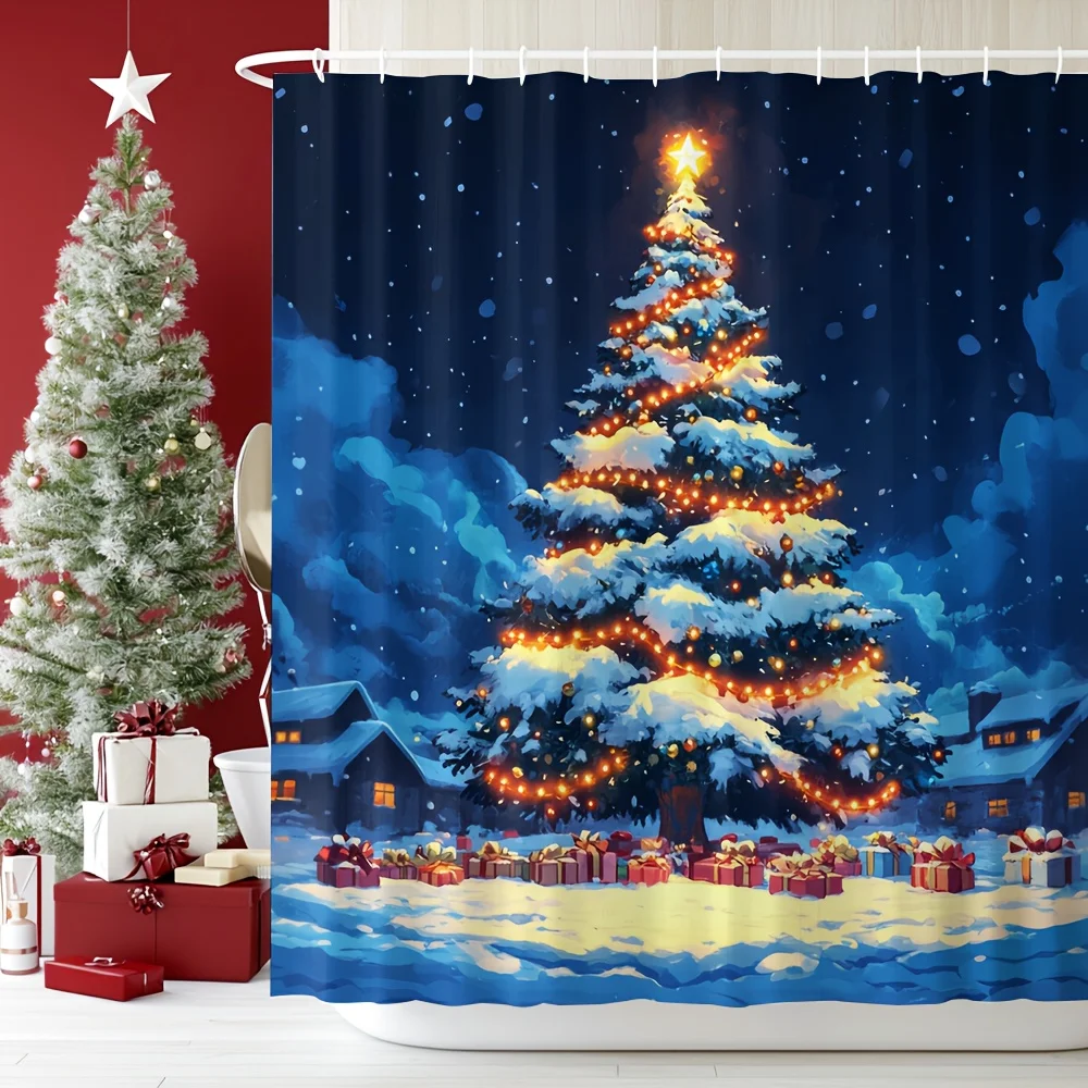 Suige Home Christmas Tree Shower Curtain - Winter Wonderland Bathroom Decor with Snowy Tree, Presents & Star
