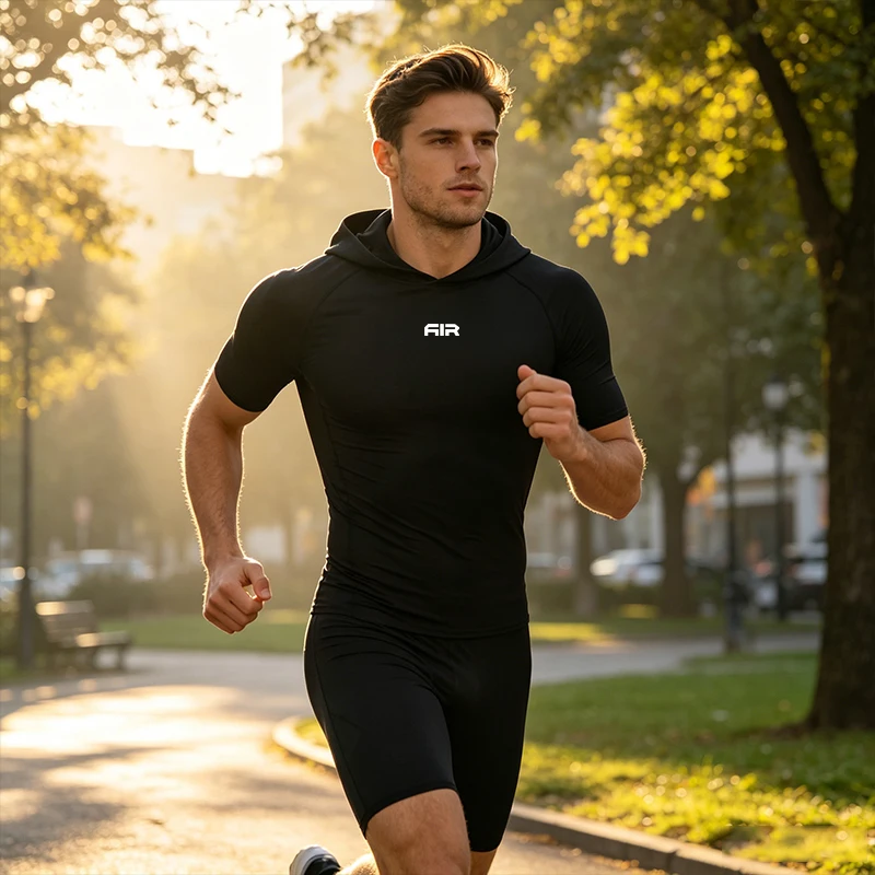 Men's Compression Hooded Short Sleeve Shirt Quick Dry Breathable Sports T-Shirt for Gym Running Workout Fitness Athletic