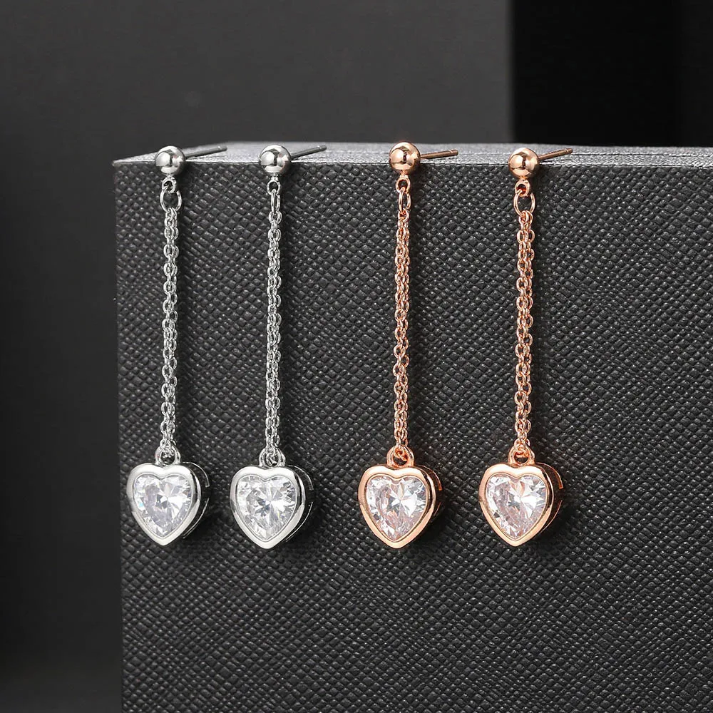 Coração Dangle Brincos para Mulheres, Borla Longa, Brincos Soltos, Cor Ouro Rosa, Jóias Orelha de Cristal, Moda Coreana, Atacado, E467, 2024