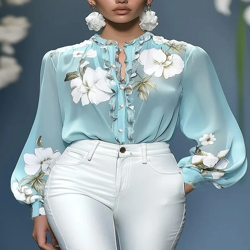 중국 스타일 블라우스 여성 캐주얼 플로럴 프린트 O넥 버튼 오피스 탑 셔츠 가을 신상 퍼프 롱 슬리브 여성 의류 블루사