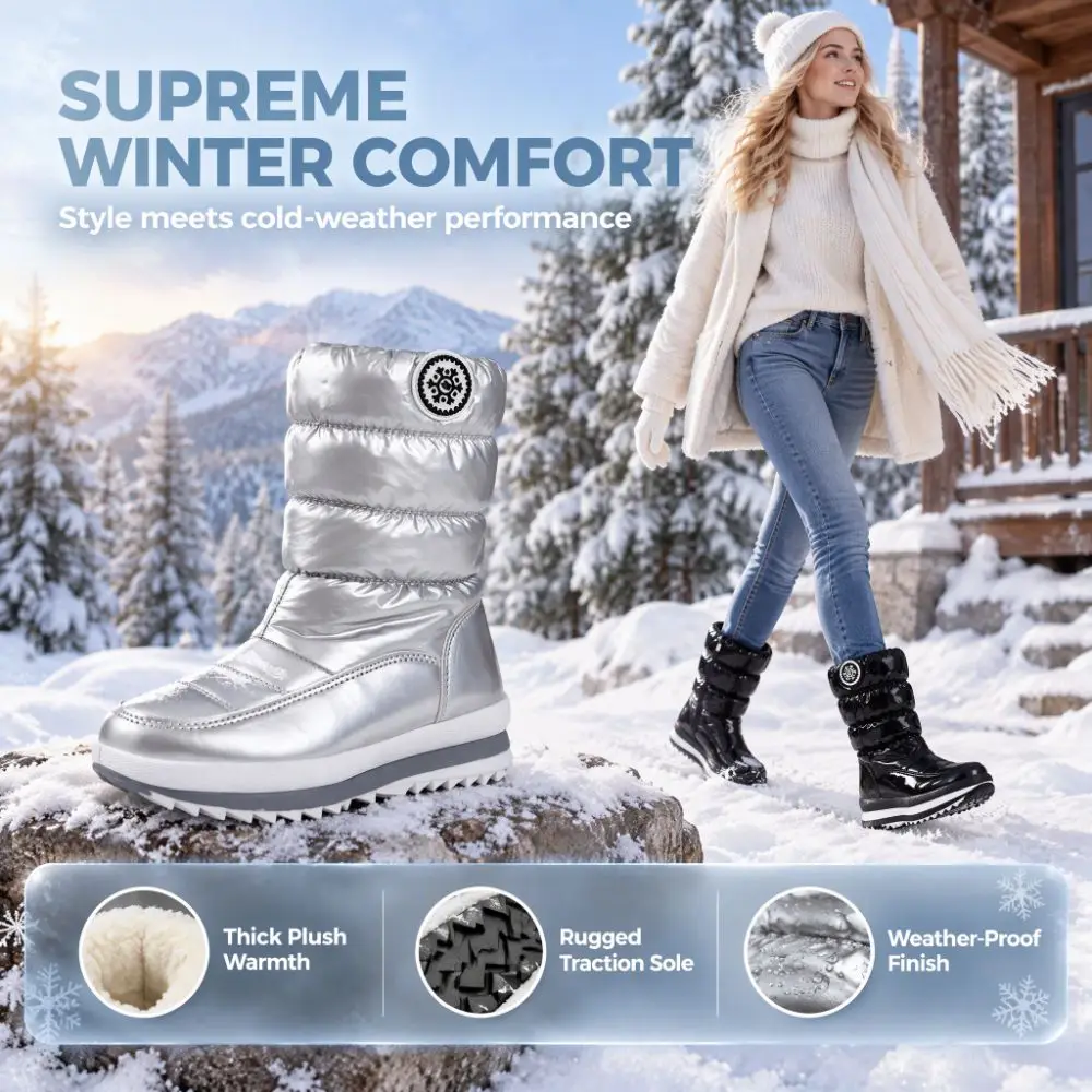 Cotton Shoes Glossy Snow Boots Patent Leather Waterproof Mid-Calf Snow Boots Windproof Thickened Winter Shoes Winter
