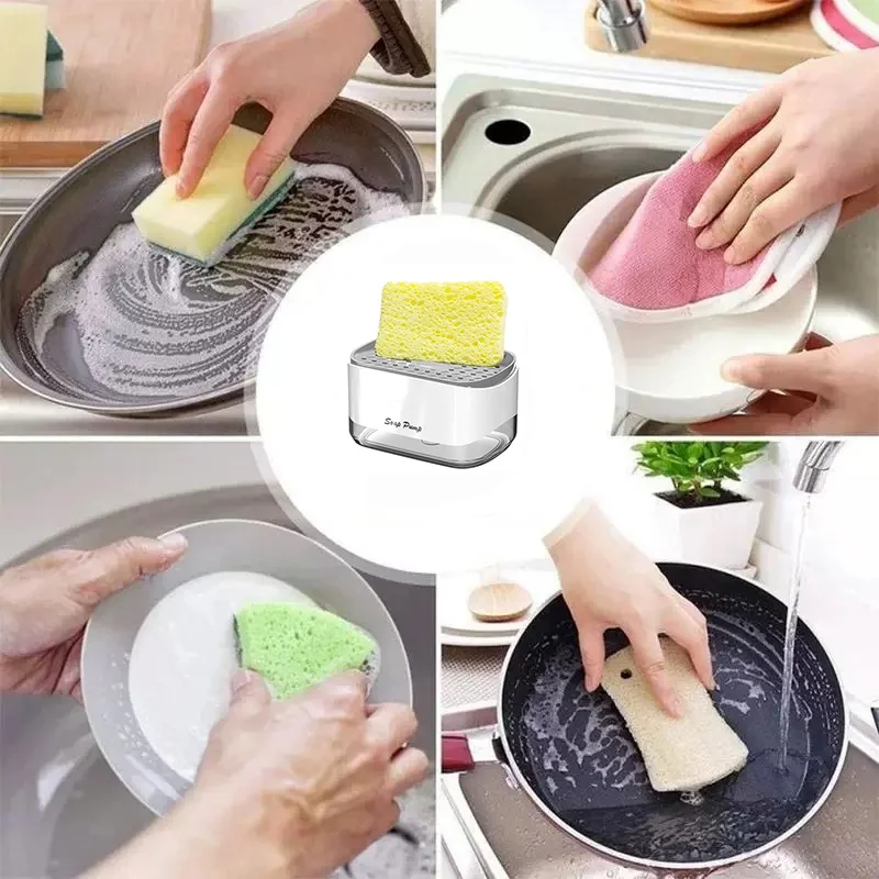 Automatic Soap Dispenser with Sponge Holder for Kitchen, Refillable Soap Container with Drain, Convenient Cleaning Tool