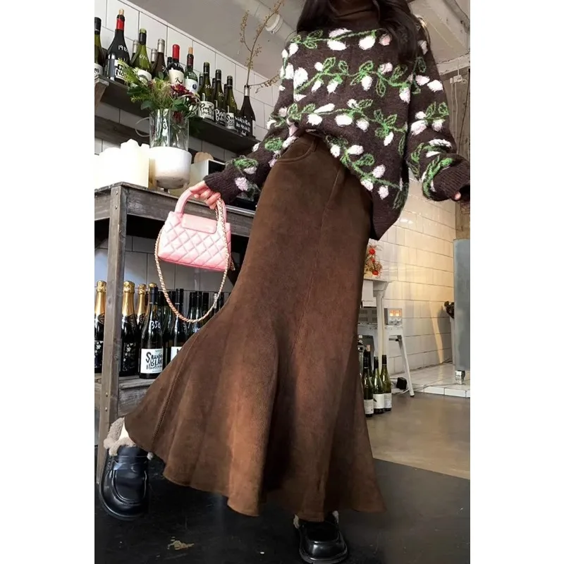 

Модная вельветовая юбка в стиле ретро, женская осенне-зимняя утолщенная теплая юбка «рыбий хвост», длинная юбка