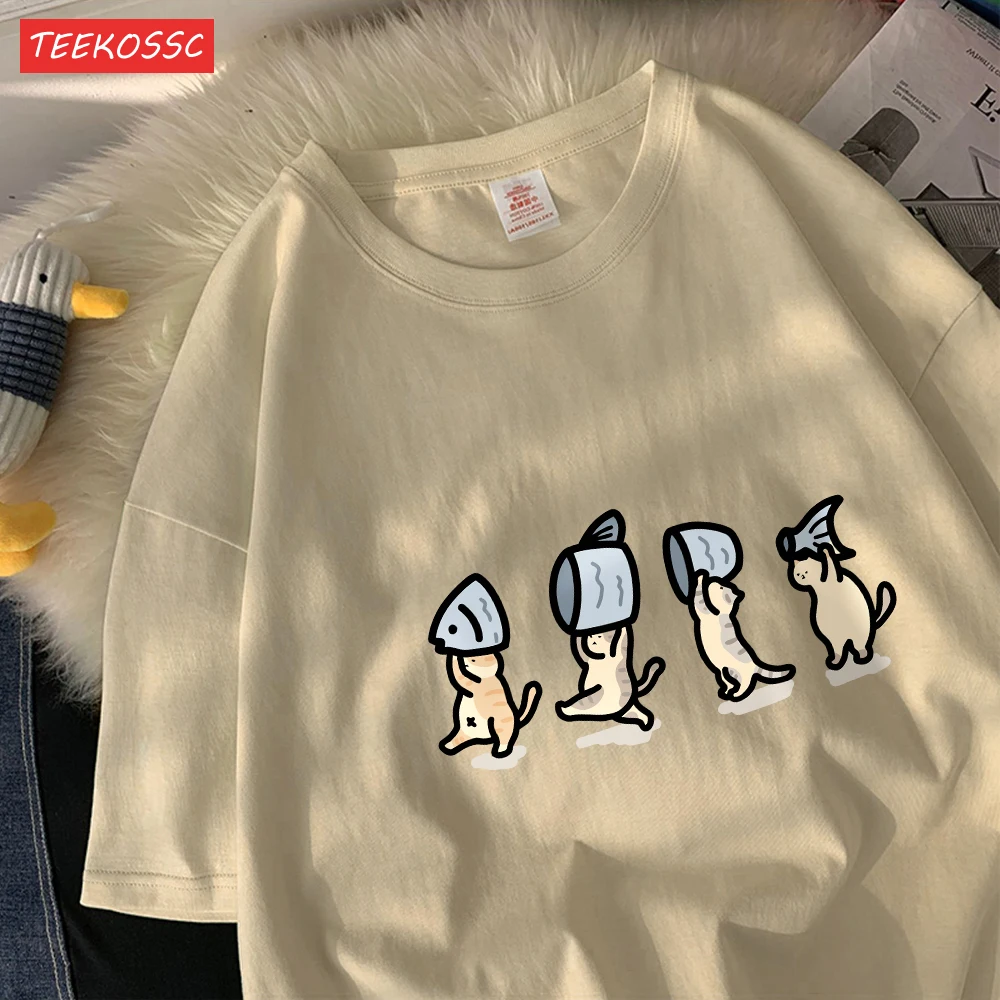 Vier Kleine Katzen Halten Fishcotton Frauen T-Shirts Cartoons Drucke T Shirts Weiche Oansatz Lose Kurzarm Tops Sommer Kleidung – Detail 22