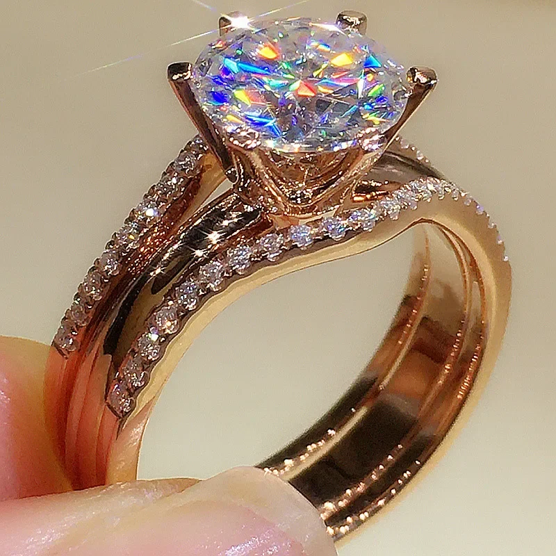 Unique Rose Gold Color Rings for Women Classic 6 Claws Designed Cubic Zirconia Rings Wedding Engagement Bands Hot Jewelry DailyO image 2